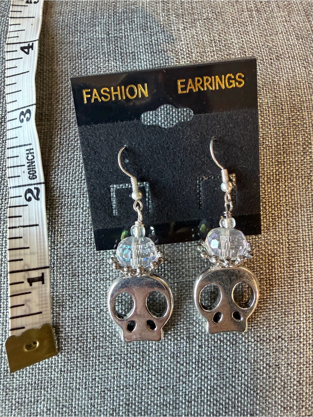 Silver Skull Dangle Earrings with Clear Crystal Beads